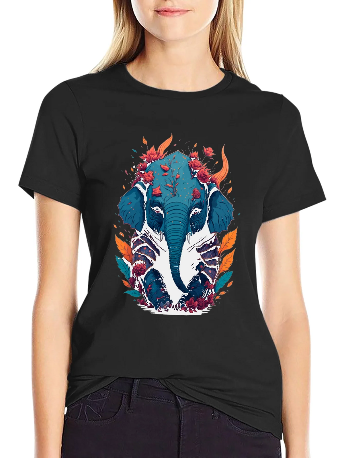 Floral Elephant Graphic Tee - Black Cotton Blend product image 2
