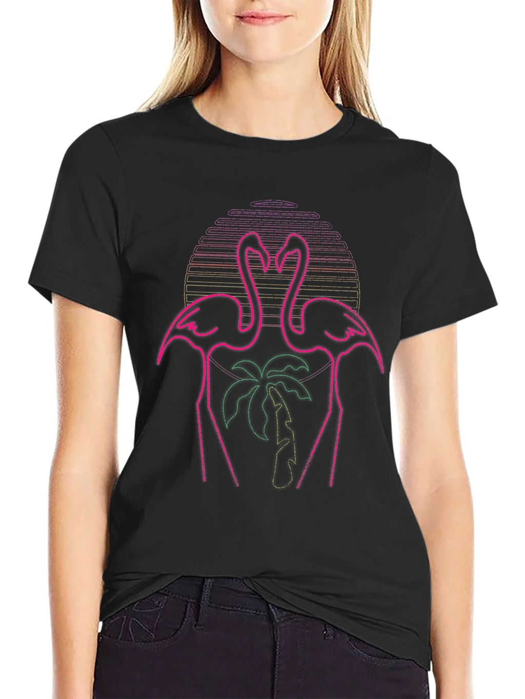 Neon Flamingo Palm Tree Graphic Tee - Black product image 1
