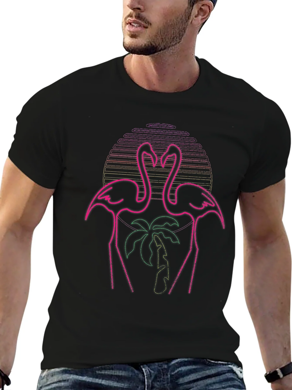 Neon Flamingo Palm Tree Graphic Tee - Black product image 4