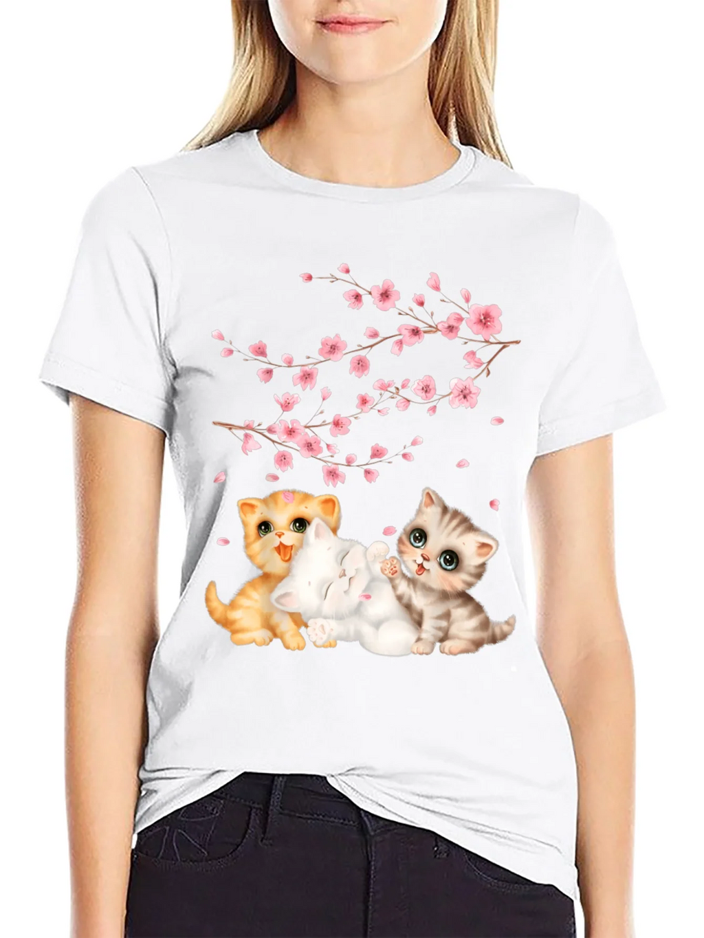 Cute Kittens & Cherry Blossoms Black T-Shirt product image 8