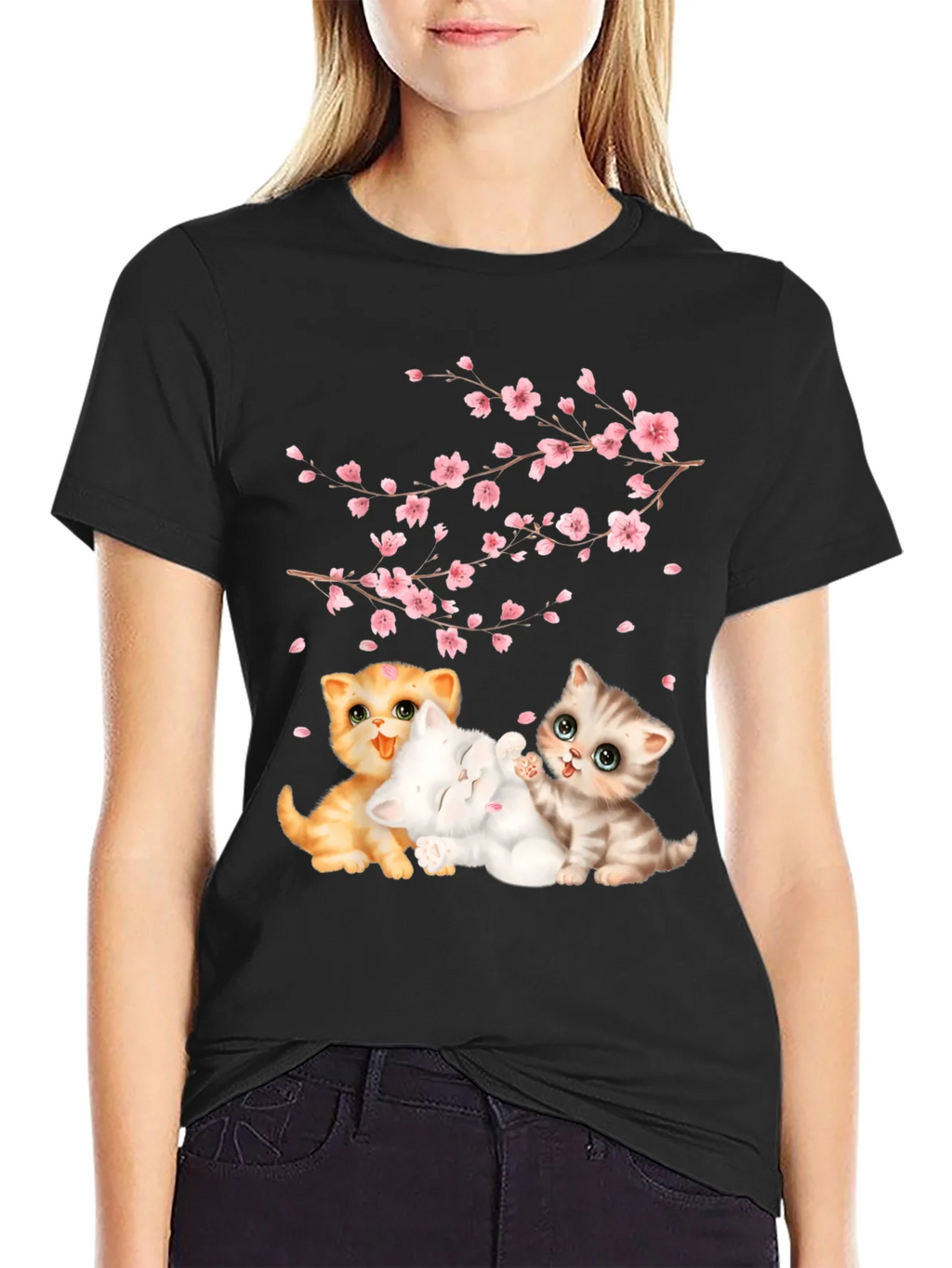 Cute Kittens & Cherry Blossoms Black T-Shirt product image 2