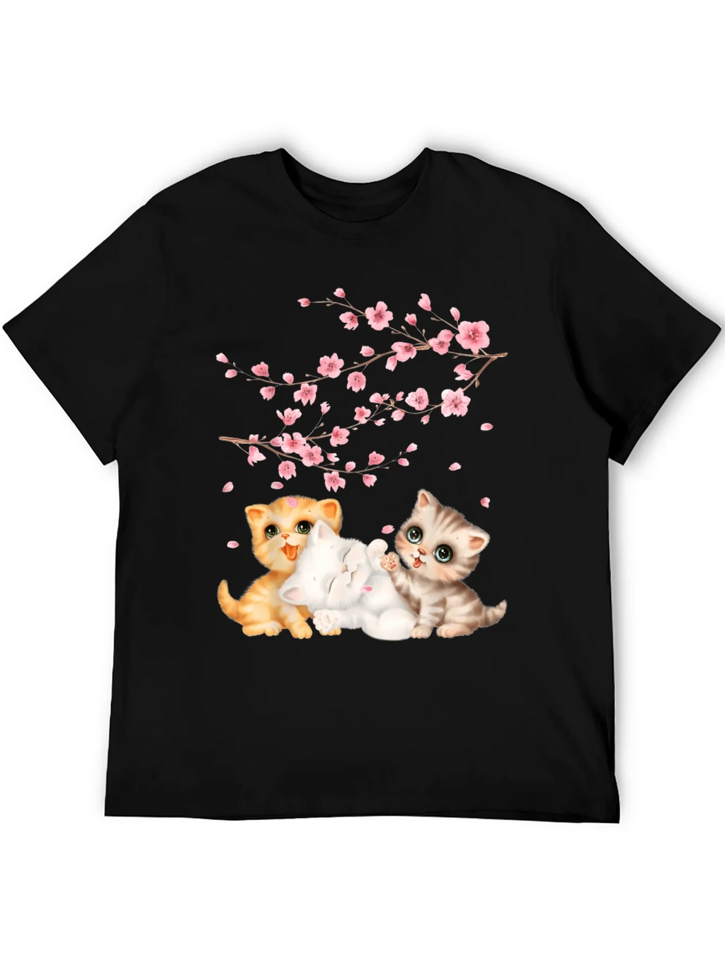 Cute Kittens & Cherry Blossoms Black T-Shirt product image 5