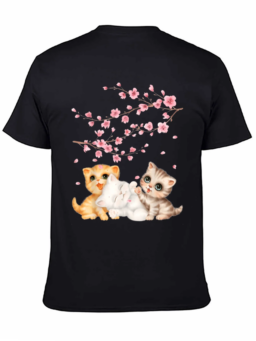 Cute Kittens & Cherry Blossoms Black T-Shirt product image 4