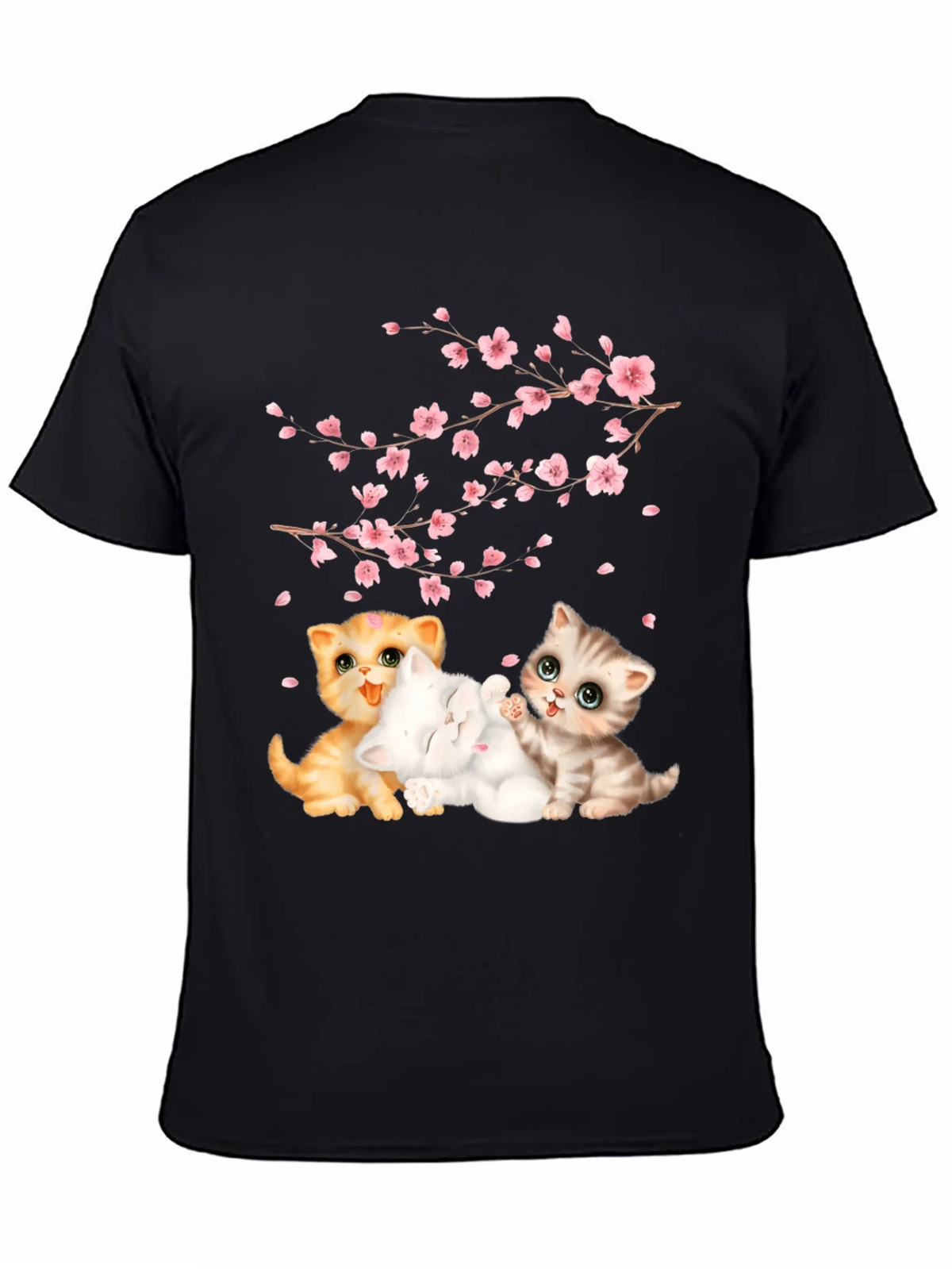 Cute Kittens & Cherry Blossoms Black T-Shirt product image 4