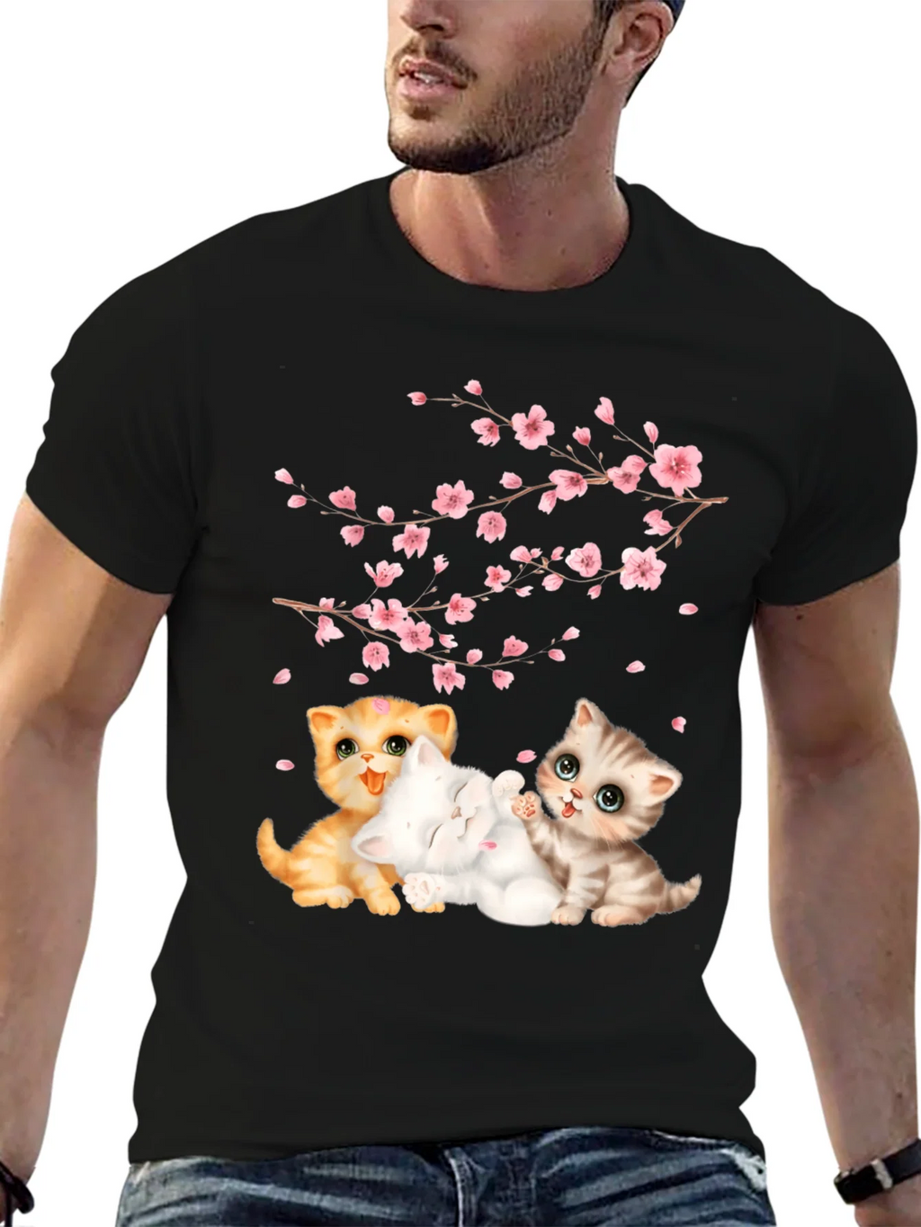Cute Kittens & Cherry Blossoms Black T-Shirt product image 6