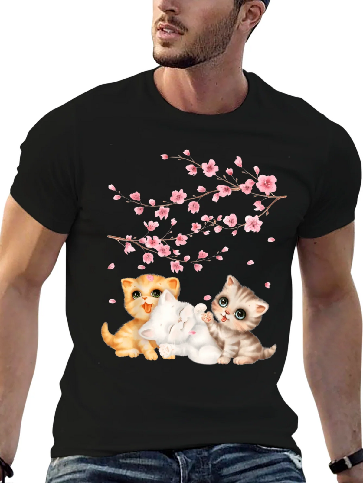 Cute Kittens & Cherry Blossoms Black T-Shirt product image 6