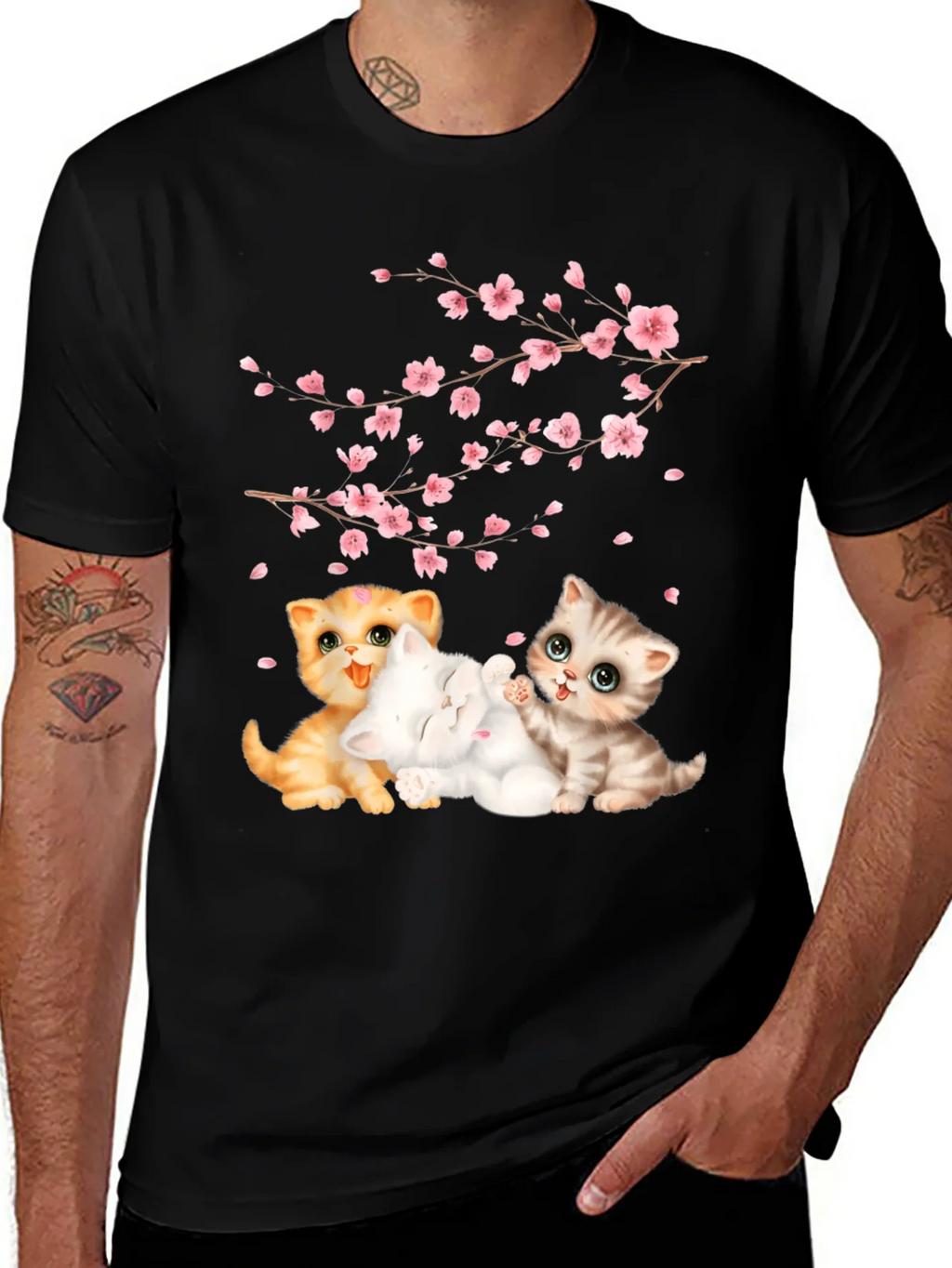 Cute Kittens & Cherry Blossoms Black T-Shirt product image 1