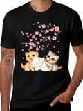 Cute Kittens & Cherry Blossoms Black T-Shirt product image 1