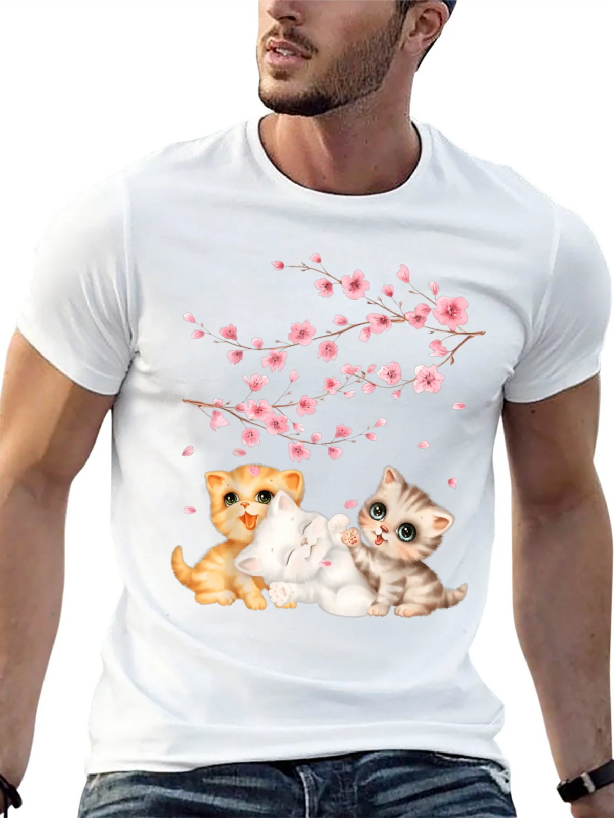 Cute Kittens & Cherry Blossoms Black T-Shirt product image 12