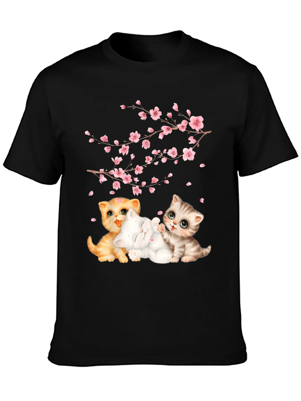 Cute Kittens & Cherry Blossoms Black T-Shirt product image 3