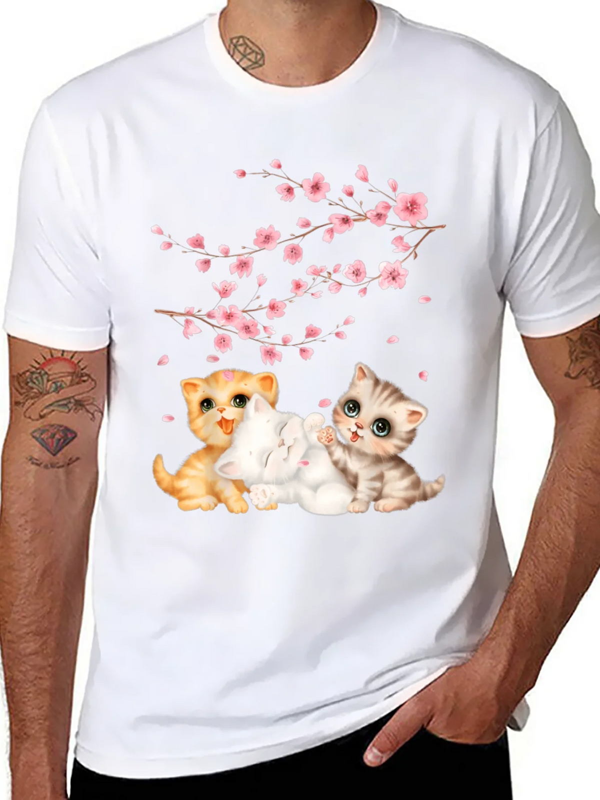 Cute Kittens & Cherry Blossoms Black T-Shirt product image 7