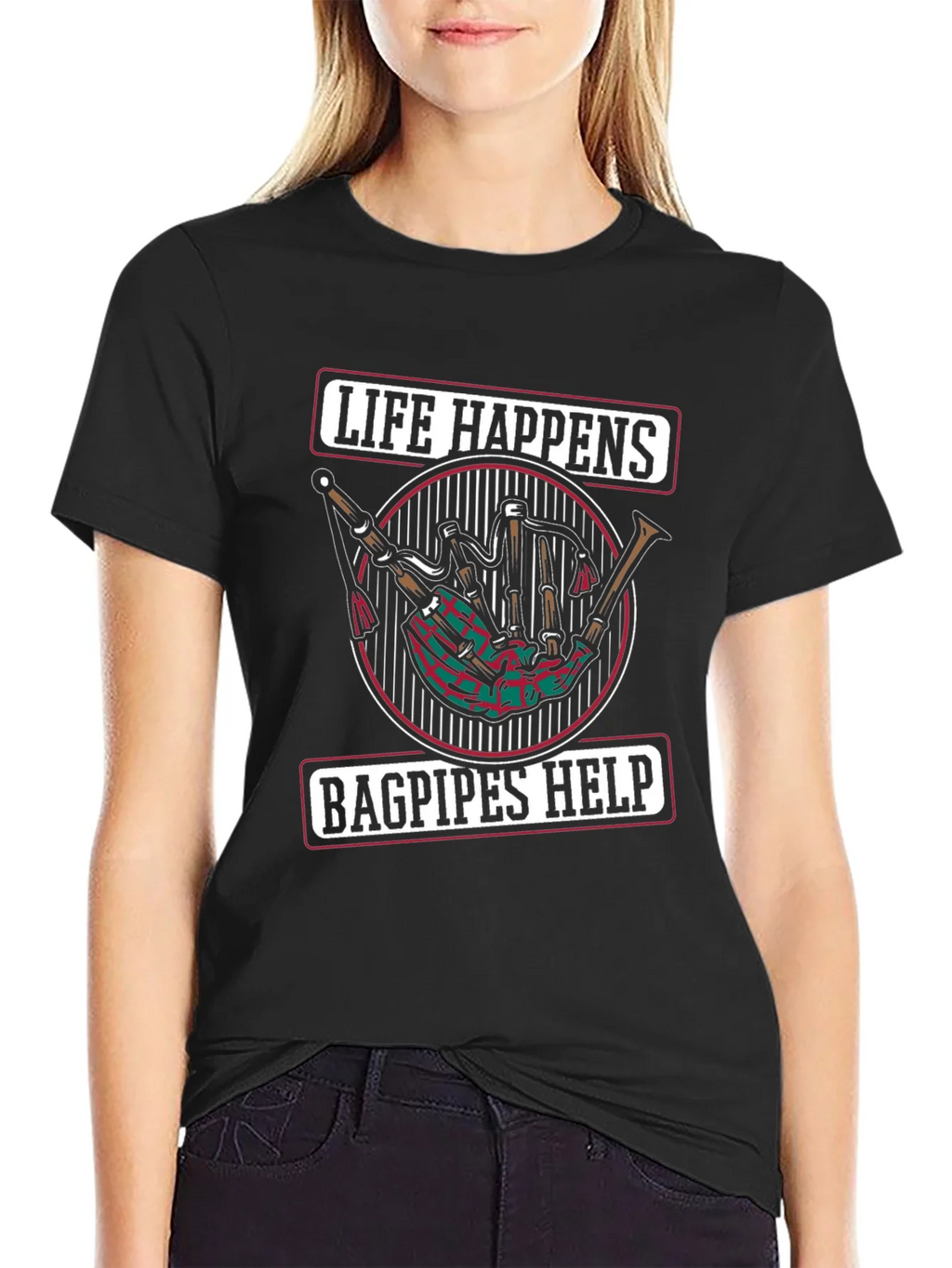 Life Happens Bagpipes Help Black T-Shirt product image 2