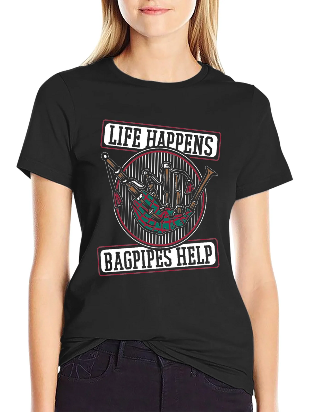 Life Happens Bagpipes Help Black T-Shirt product image 2