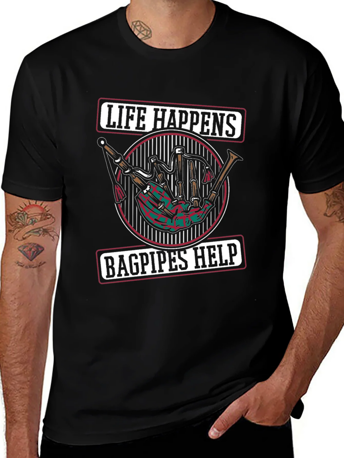Life Happens Bagpipes Help Black T-Shirt product image 1