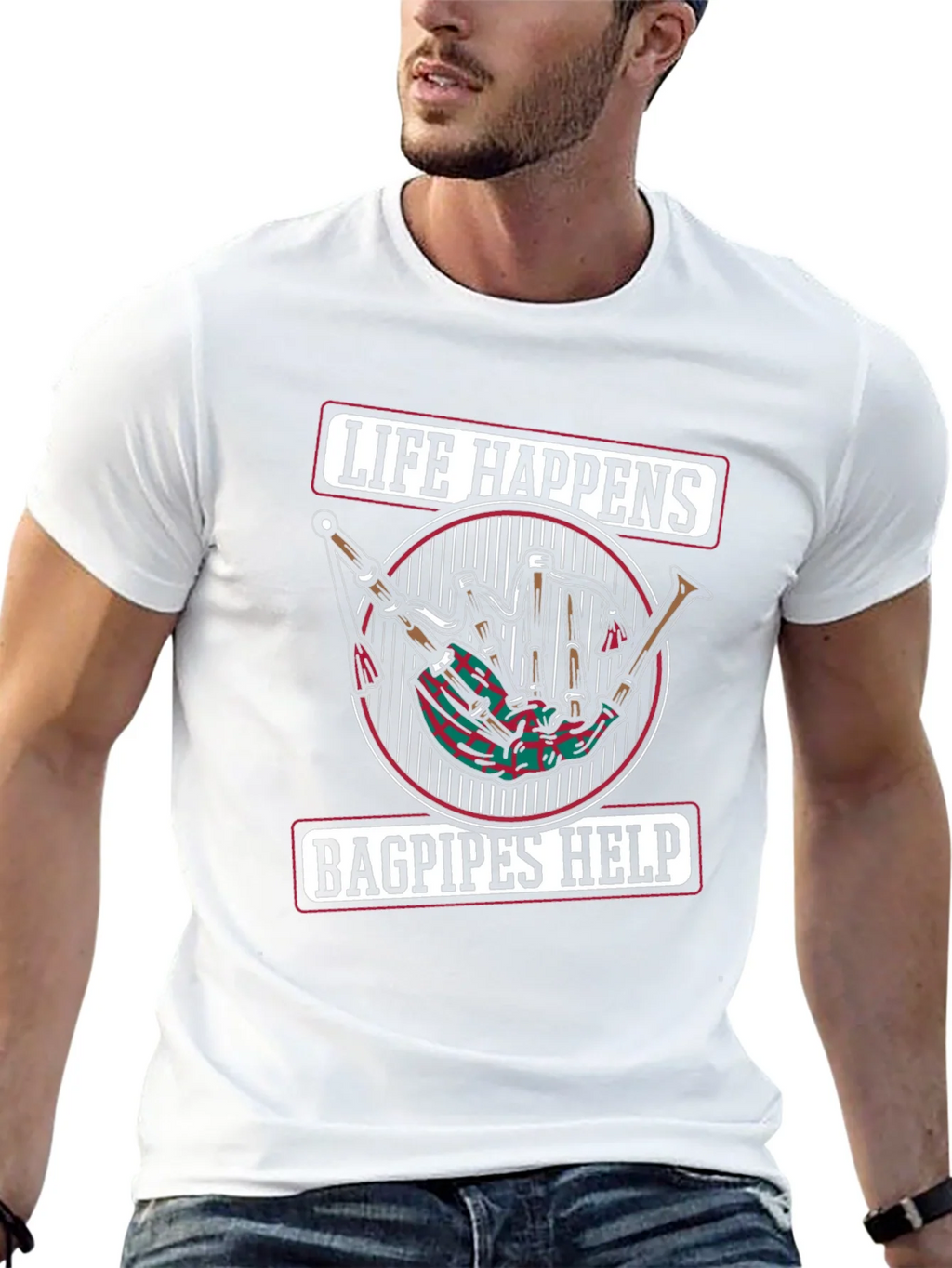 Life Happens Bagpipes Help Black T-Shirt product image 12