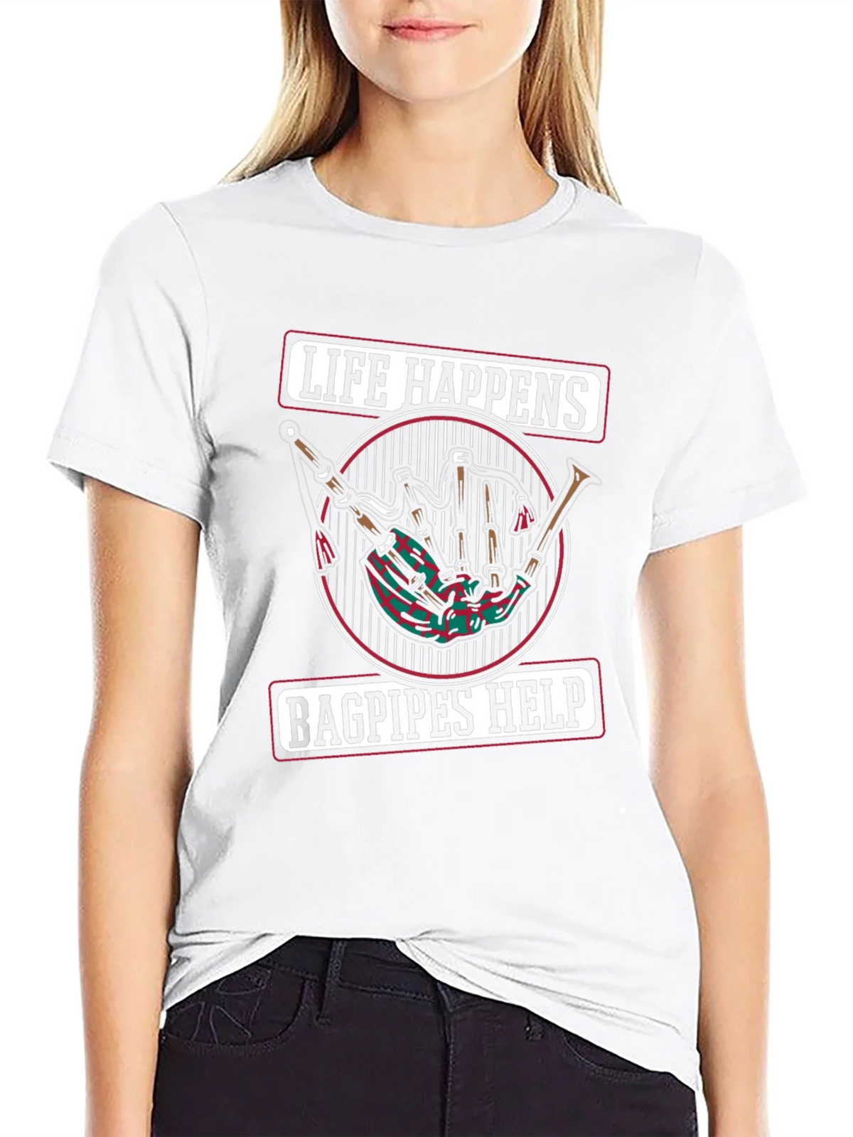 Life Happens Bagpipes Help Black T-Shirt product image 8