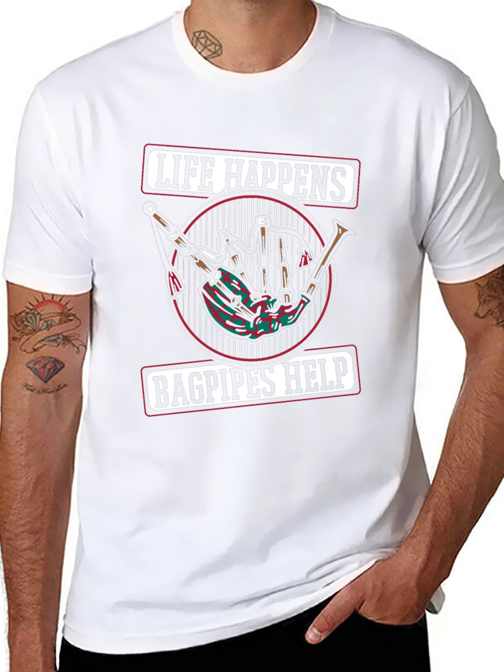 Life Happens Bagpipes Help Black T-Shirt product image 7