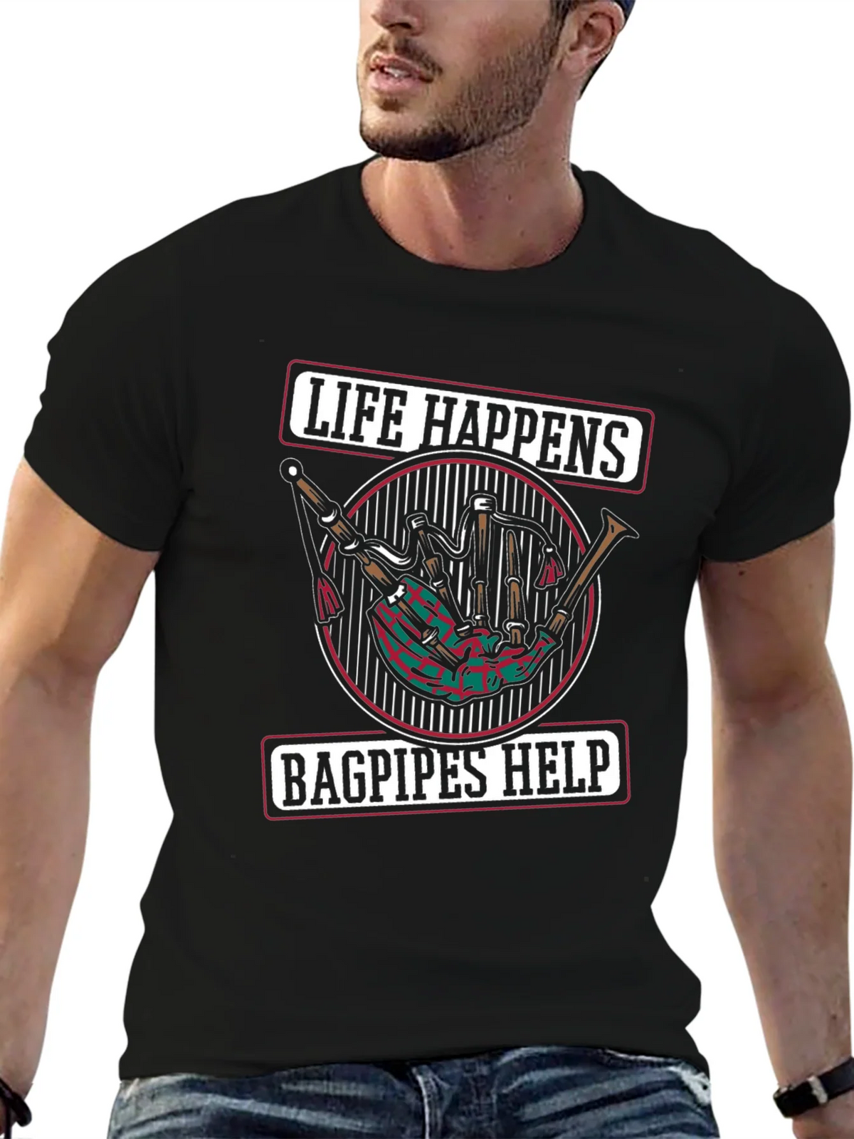 Life Happens Bagpipes Help Black T-Shirt product image 6
