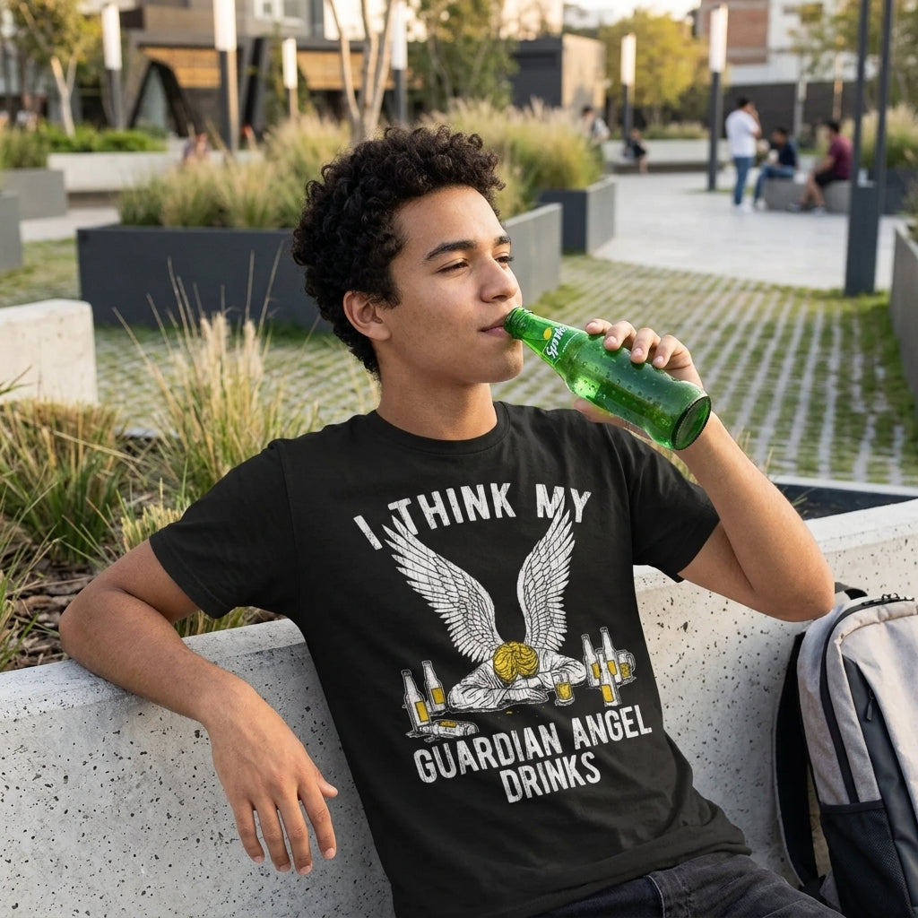 I Think My Guardian Angel Drinks Men's T Shirt product image 2