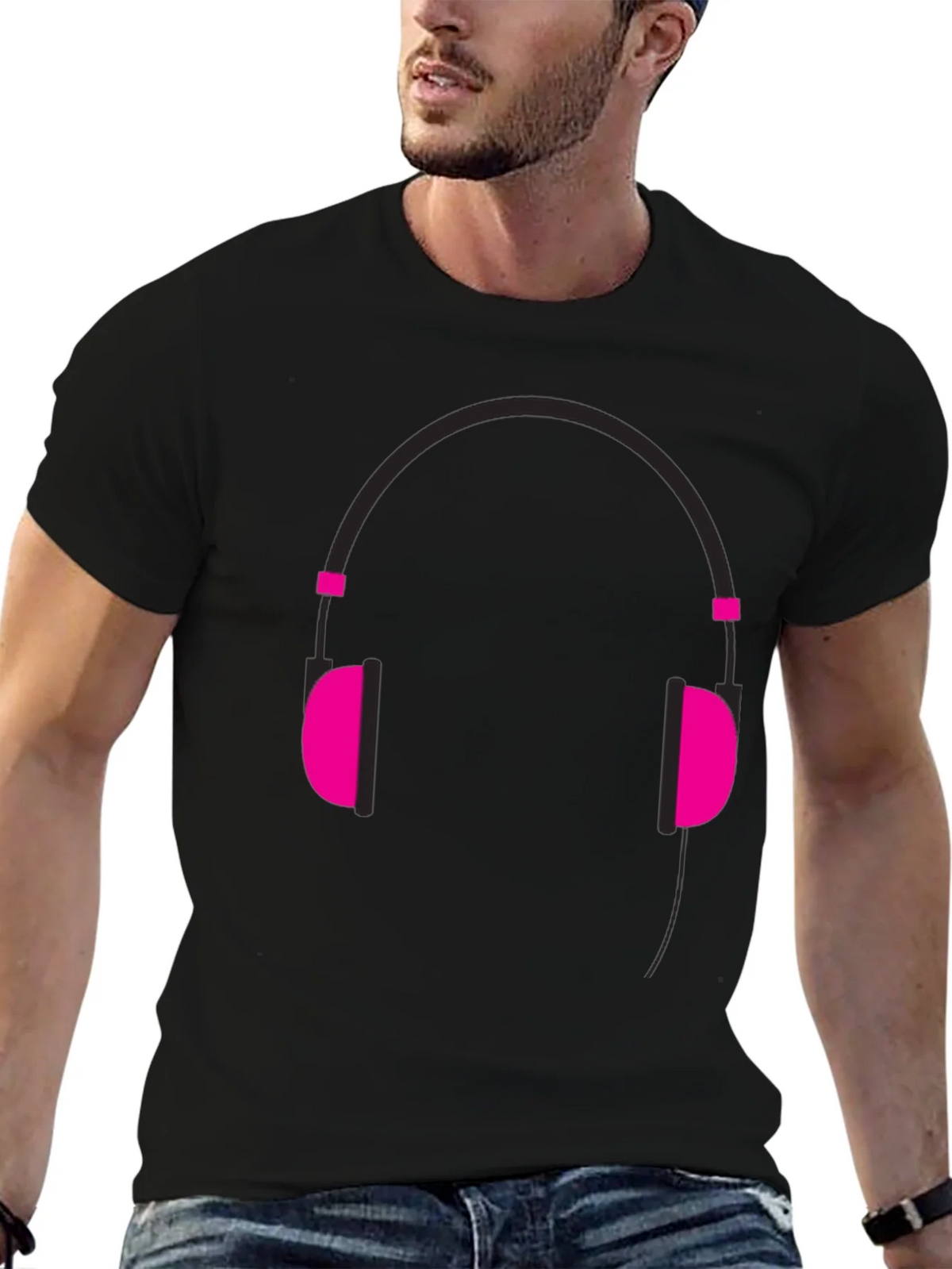Graphic Tee: Headphones Design - Black Cotton Casual Wear product image 5
