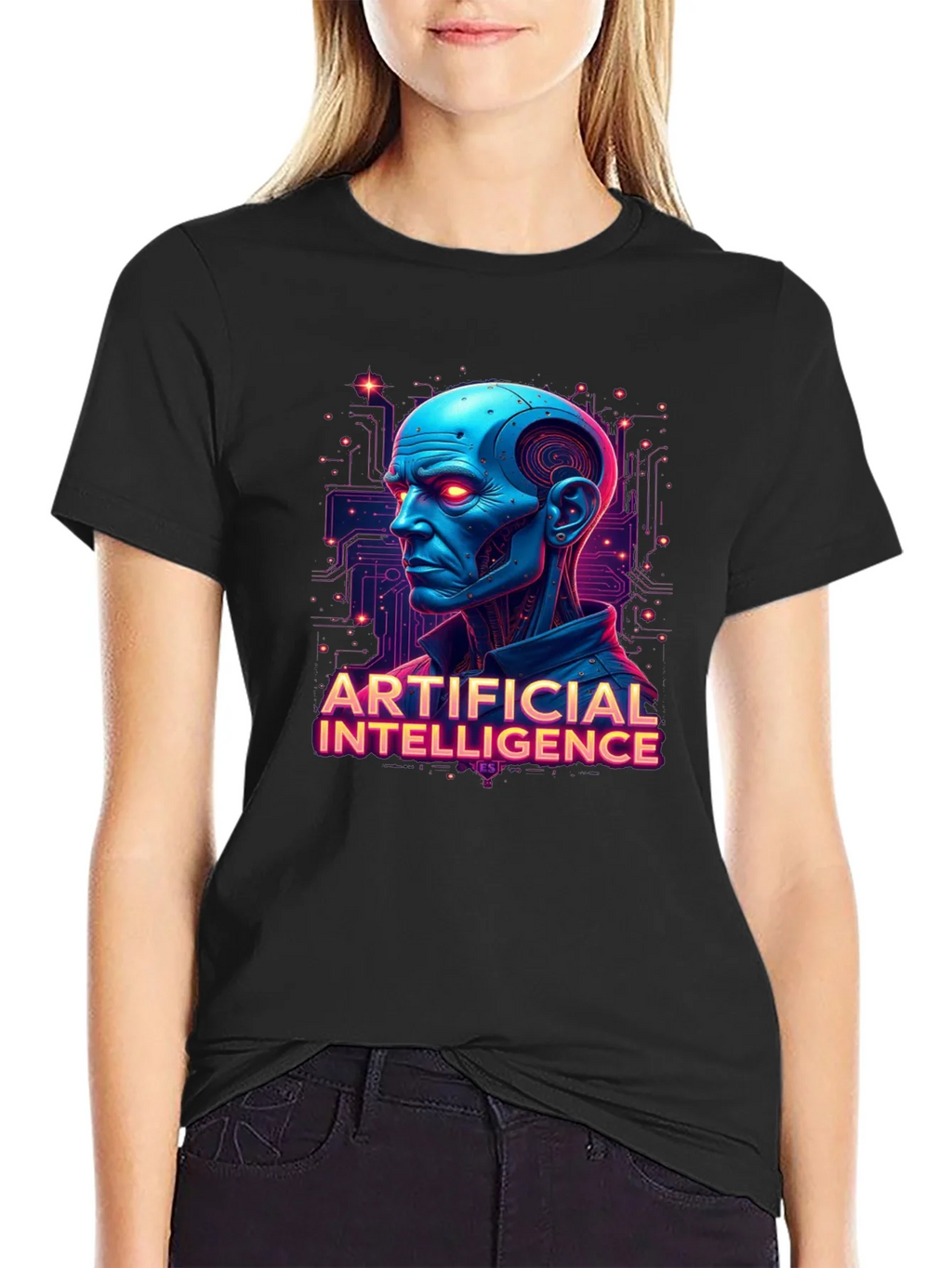AI Robot Head Graphic Tee - Black T-Shirt product image 2
