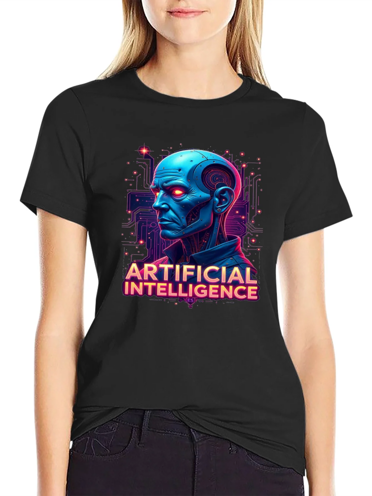 AI Robot Head Graphic Tee - Black T-Shirt product image 2