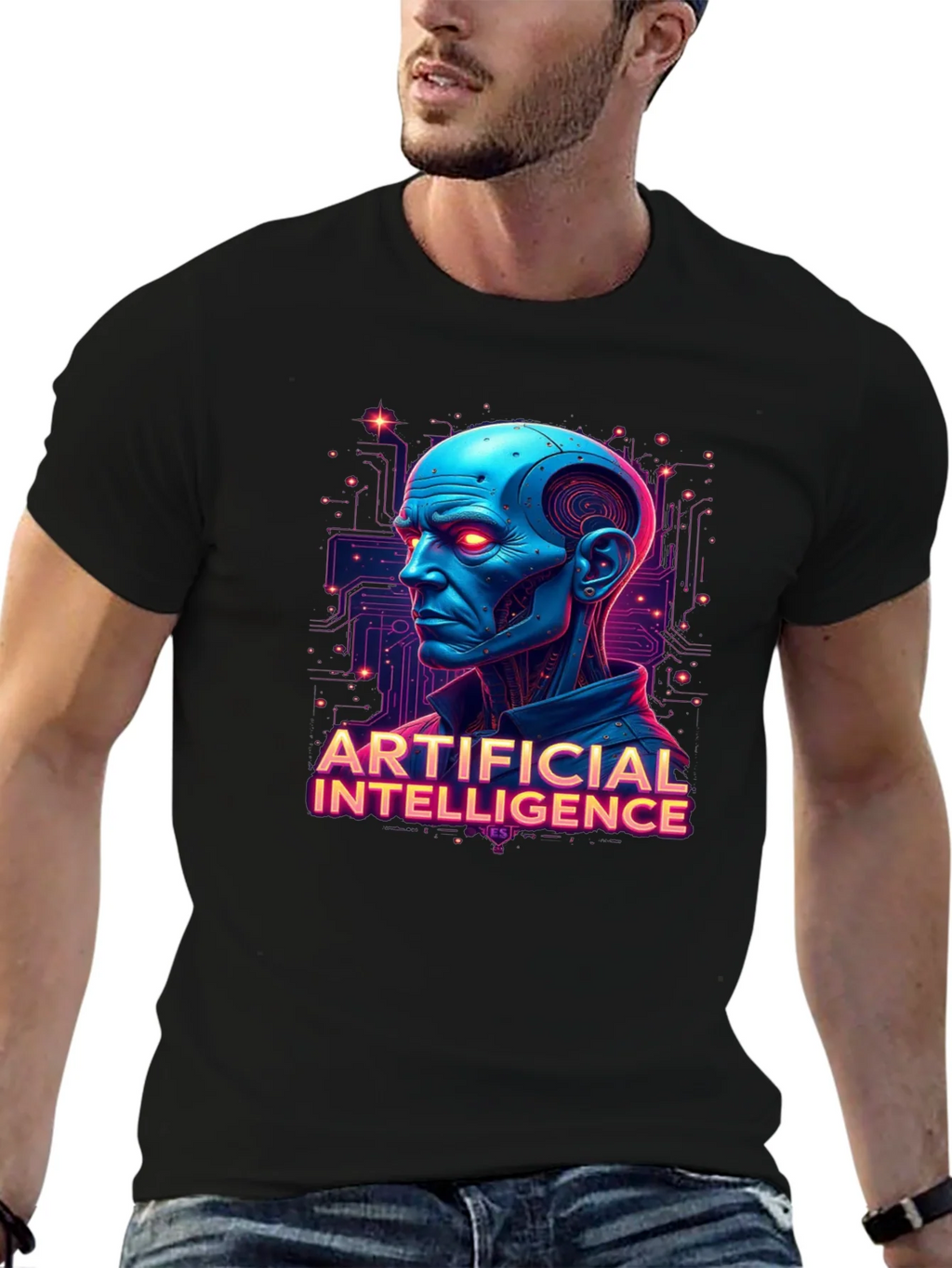 AI Robot Head Graphic Tee - Black T-Shirt product image 5