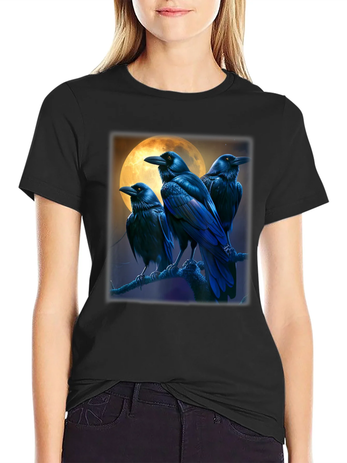 Raven Moon Graphic Tee - Black Cotton T-Shirt product image 2